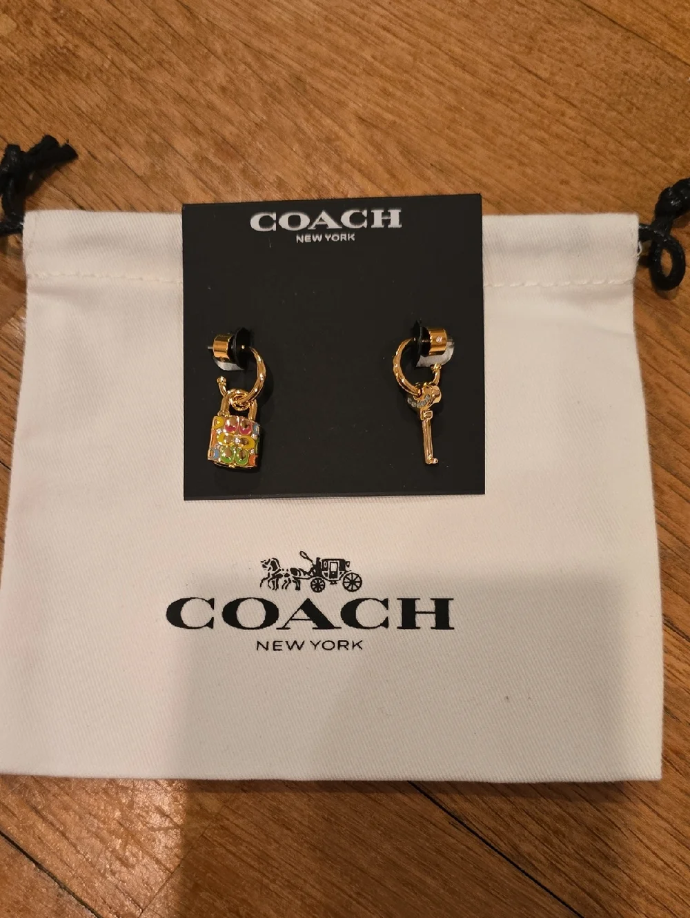 Coach Gold-Tone Key & Padlock Charm Earrings with Multicolor Enamel & Dustbag - Picture 5 of 5